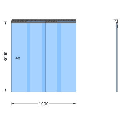 PVC-Streifenvorhang, Lamellen 300 x 3 mm transparent, Höhe 3,00 m, Breite 1,00 m (0,90 m), verzinkt