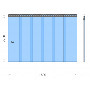 PVC-Streifenvorhang<br />Lamellen 300 x 3 mm transparent<br />Höhe:  2,25 m<br />Breite:  1,50 m (1,30 m)<br />verzinkt