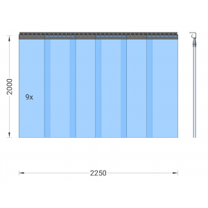 PVC-Streifenvorhang<br />Lamellen 300 x 3 mm transparent<br />Höhe:  2,00 m<br />Breite:  2,25 m (1,90 m)<br />Edelstahl